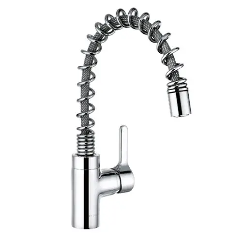 Hochdruckarmatur von Kludi mit einem flexiblen, spiralgeformten Auslauf und einem Hebel für die Wassertemperaturregulierung. Ideal für Küchenspülen.